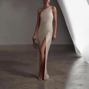 BHLDN Satin Elegant One-Shoulder Beige Evening Gown | Side Slit Size 4